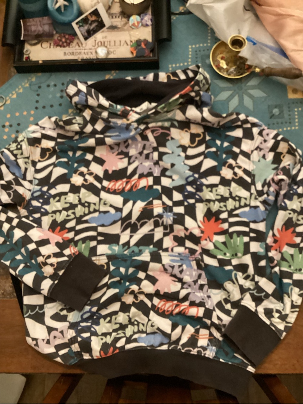 H&M Black Multi Checkerboard Graphic Hooded Sweatshirt
